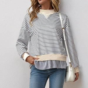 Sweat-shirt Décontracté à Rayures pour Femmes Patchwork Col Rond Manches Longues Pull Effet Superposé Top Polyester Printemps Automne
