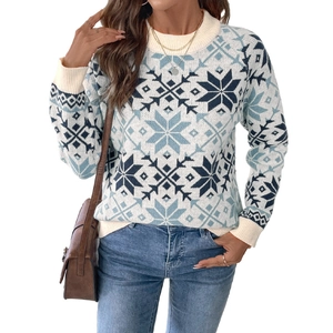 Pull en tricot blanc pour femme avec motifs flocon bleu et finitions côtelées