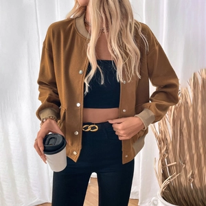 Women's camel baseball jacket with metal buttons and ribbed trim for autumn