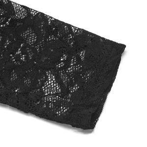 Detail of black floral lace fabric showing intricate patterns and premium texture