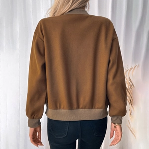 Brown women's stand collar baseball jacket with ribbed cuffs and back design view