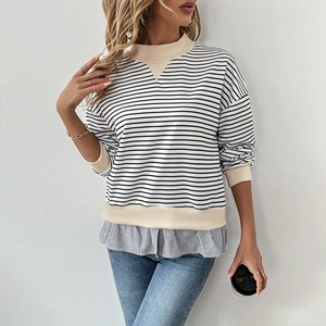 Sweat-shirt rayé pour femme avec ourlet chemise bleu effet deux-en-un style décontracté