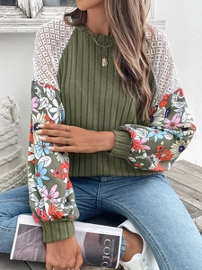 Olive green rib knit top with floral print sleeves and white lace patchwork detail