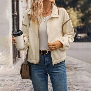 Beige fleece zip jacket with brown trim contrast and lapel collar for women