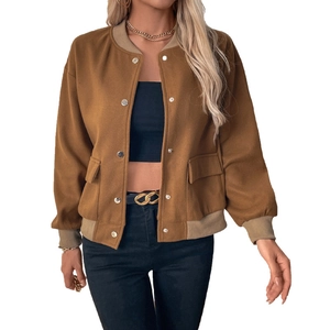 Women's brown baseball jacket with silver snap buttons and ribbed trim details