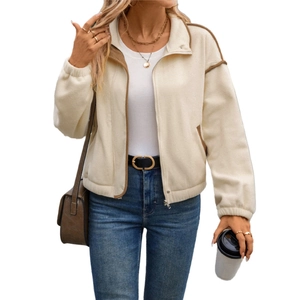 Women fleece jacket with brown trim contrast zip-up collar in creamy white style