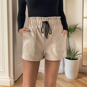 Women's high waist apricot drawstring casual shorts with large front patch pockets