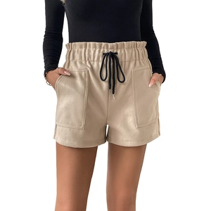 Women's light beige high-waisted shorts with elastic drawstring and large pockets
