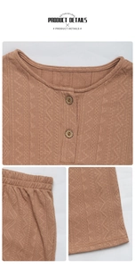 Detailed views of round neck with buttons, elastic waist, and knit texture of loungewear set