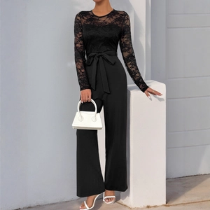 Women Elegant Lace Patchwork Jumpsuit Long Sleeve Round Neck High Waist Wide Leg Long Pant Jumpsuit With Bow Belt Party Evening