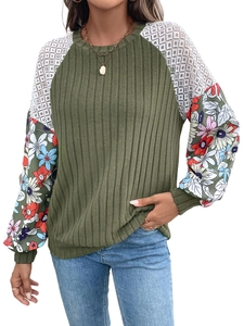 Women's knit pullover with olive green texture, floral print sleeves and lace patchwork