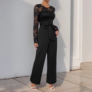 Elegant black lace long sleeve wide leg jumpsuit with tie waist for party wear