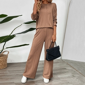 Women's brown knitted lounge set with crew neck top and high-waisted wide-leg trousers