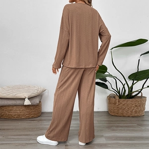 Women's 2-piece coffee brown ribbed lounge set with round neck top and wide leg pants