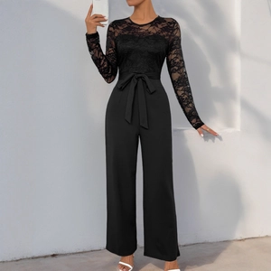 Elegant black long-sleeved lace jumpsuit with waist tie and wide leg silhouette