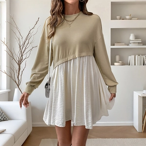 Robe courte décontractée à manches longues pour femmes avec un design patchwork unique