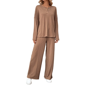 Women's 2-piece loungewear set with textured long sleeve top and wide leg pants