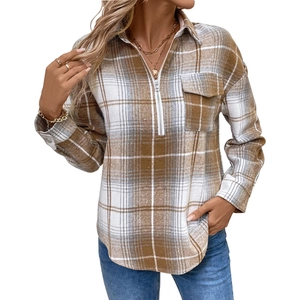Women's vintage plaid shirt with brown white checkers and half-zip collar design