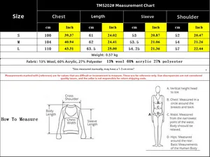 Detailed size chart for turtleneck heart sweater showing S, M, L measurements and material info