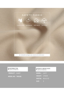 Detail view of khaki shirt fabric texture with sizing chart and model measurements