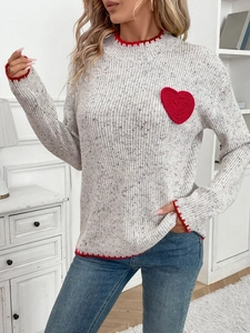 Women's grey knit sweater with red heart patch and crochet trim accents for Valentine