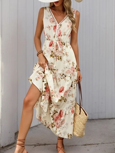 Detail of V-neck sleeveless summer dress with rose floral print and ruffled layers