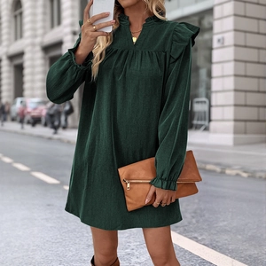 Women Casual Ruffle Long Sleeve Dress Solid Color Stand Collar V Neck Loose Fit Patchwork Mini Dress For Daily Wear