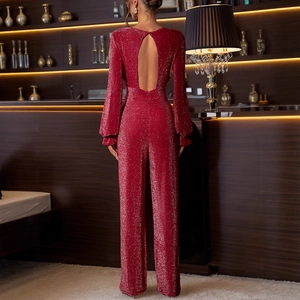 Elegant backless red sequin jumpsuit for evening parties with wide leg pants and ruffles