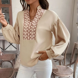 Ethnic embroidery blouse with lantern sleeves and V-neckline in elegant beige chiffon