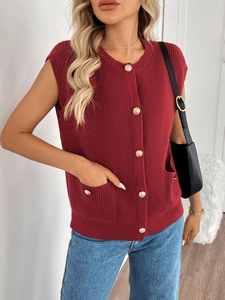 Women's burgundy knit vest with gold buttons and round neck for elegant winter style