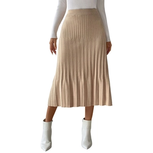 Elegant khaki pleated knit midi skirt for women featuring high waist and vertical texture