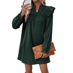 Elegant dark green long sleeve dress with ruffles, high collar and A-line silhouette