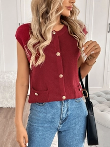 Women's Knitted Vest Red Sleeveless Cardigan Gold Button Ribbed Sweater Vest Christmas New Year Casual Outerwear Knit Top