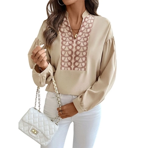 Women's V-neck long sleeve blouse with ethnic geometric print and puff sleeves