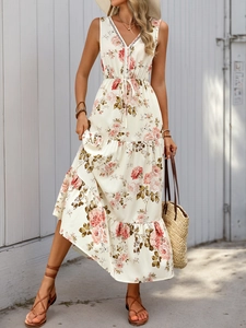 Detailed view of sleeveless V-neck floral maxi dress with crochet lace and drawstring waist