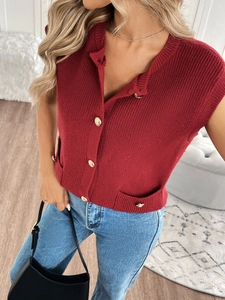 Women's burgundy knit vest cardigan with V-neck, golden buttons and vertical stripe pattern
