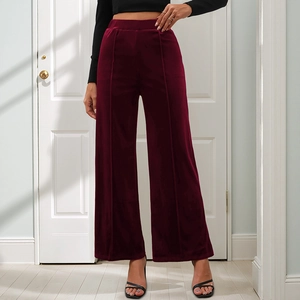 Elegant wine red velvet wide leg pants with high waist and vertical seam detailing