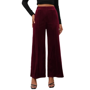 Women high waisted wine red velvet wide leg pants with elegant front crease detail