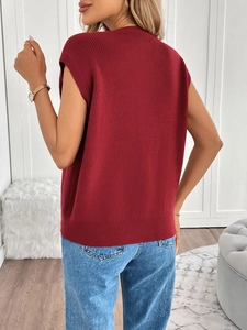 Back view of red vertical ribbed knit sweater vest for women in a casual slim fit