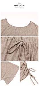 Detail of drawstring waist and side ruched ties on a brown knit summer dress