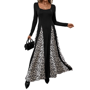 Elegant long-sleeve dress with black square neck top and leopard print A-line skirt