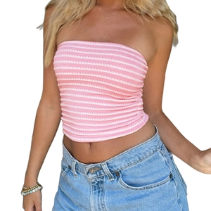 Summer pink and white striped tube top for women in a slim fit knit style