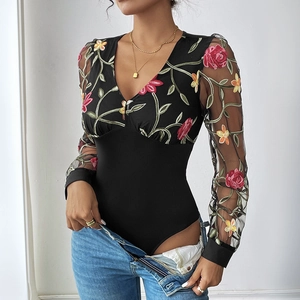 V-neck black bodysuit with floral embroidery on mesh long sleeves for women