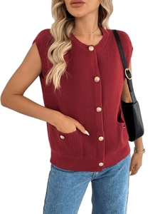 Women's dark red knit sweater vest featuring textured gold buttons and front pockets