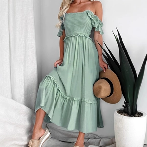 Damen Salbeigrün Schulterfreies Gesmoktes Midikleid Mit Rüschensaum Sommer Urlaub Viskose Trägerloses Elegantes Kleid