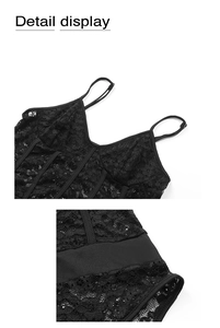 Detail view of black lace bodysuit with adjustable straps and fishbone stitching