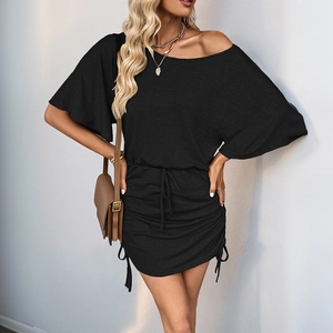 Women's off-shoulder drawstring bodycon mini dress with batwing sleeves in black color