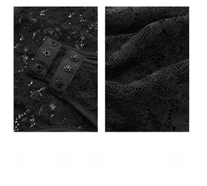 Detailed macro view of black floral lace fabric with durable four-metal snap button closure