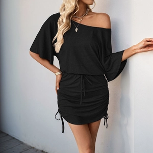 Elegant black off-the-shoulder mini dress with drawstring waist and ruched detailing