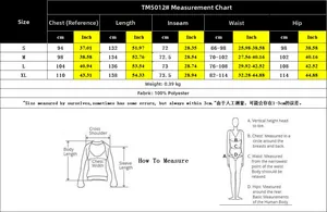 Size guide for pleated wide-leg jumpsuit showing measurements from S to XL in cm and inches